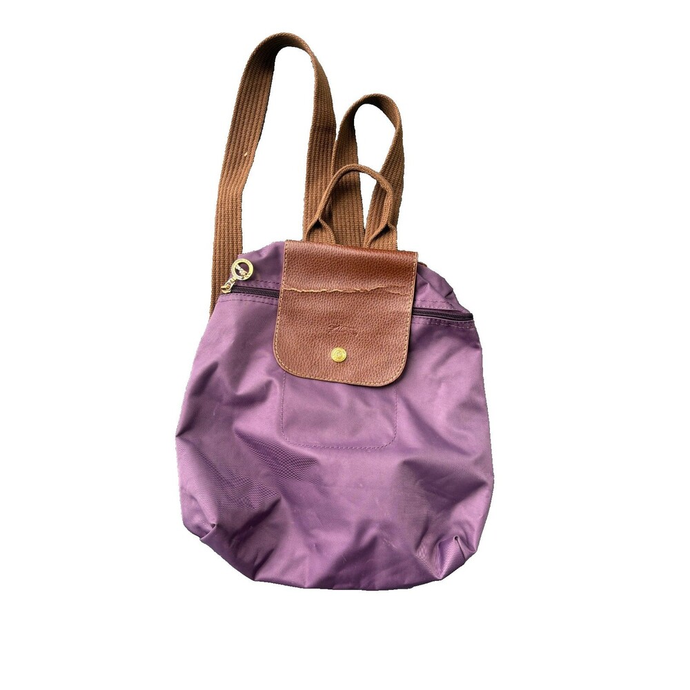 Longchamp Designer Purple Brown Fabric Tote Backpack Shoulder Bag France